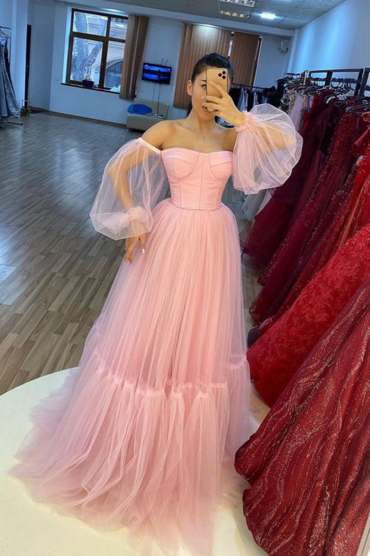 Pink Fashion Strapless Elegant Wide Sleeve Long Tulle Ball Gown Evening Dress nv3215