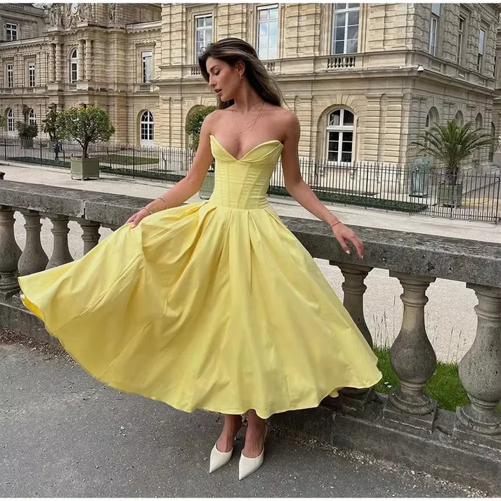 Yellow fashion simple sexy and charming tight A-line sleeveless off-shoulder long strapless corset dress prom dress evening dress party dress wedding guest party dress elegant formal dress nv2537