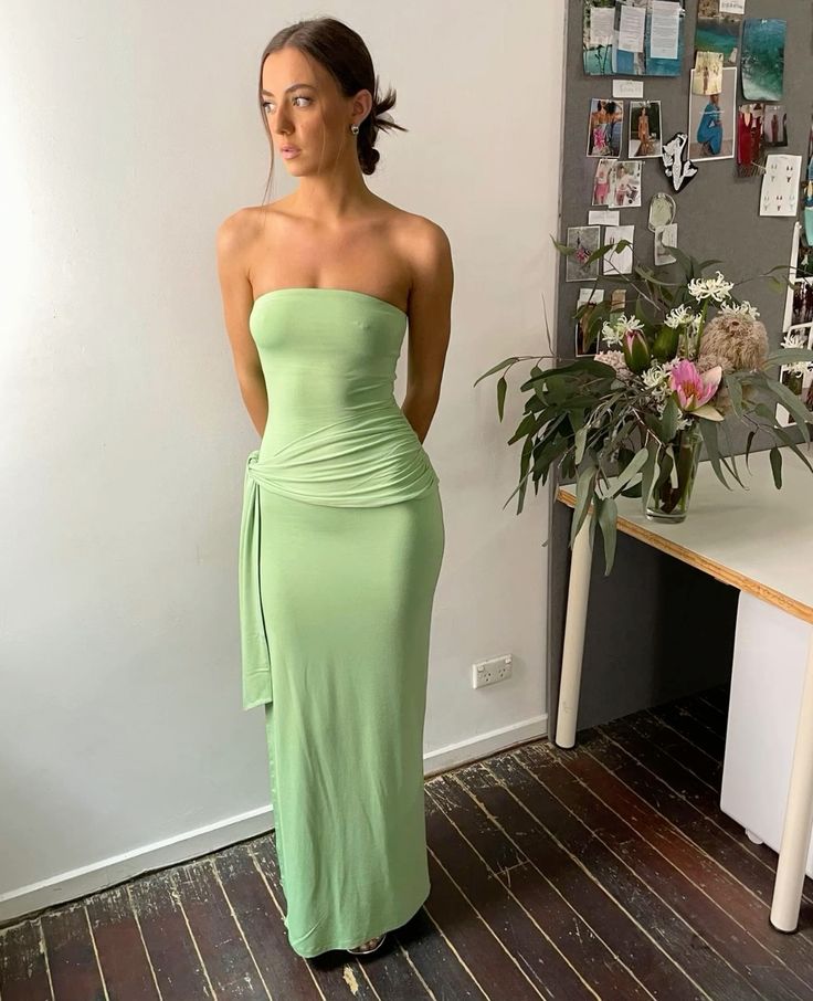 Green solid color simple tight strapless prom dress evening dress party dress nv1937