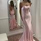 Pink Mermaid Scoop Neck Satin Prom Dress Strapless Straps Sleeveless Criss Cross Straps Long Prom Dress with Train nv1592