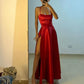 Charming Red A-line Satin Slit Long Party Dress Prom Gown Evening Gown nv1884