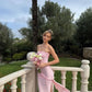 Robe de soirée longue en satin plissée sans bretelles rose nv3300