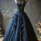 Robe de soirée élégante en tulle et dentelle bleu marine magnifique et exquise nv3364