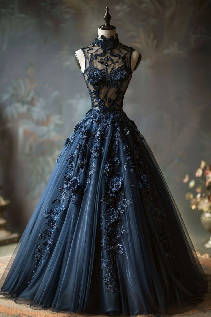 Robe de soirée élégante en tulle et dentelle bleu marine magnifique et exquise nv3364