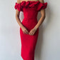 Red/Pink Ruffle Neckline Long Fitted Satin Ball Gown Evening Dress nv3152