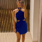 Blue Simple Lace-up Halter Off-shoulder Waist Short Mini Homecoming Dress Party Dress nv2383