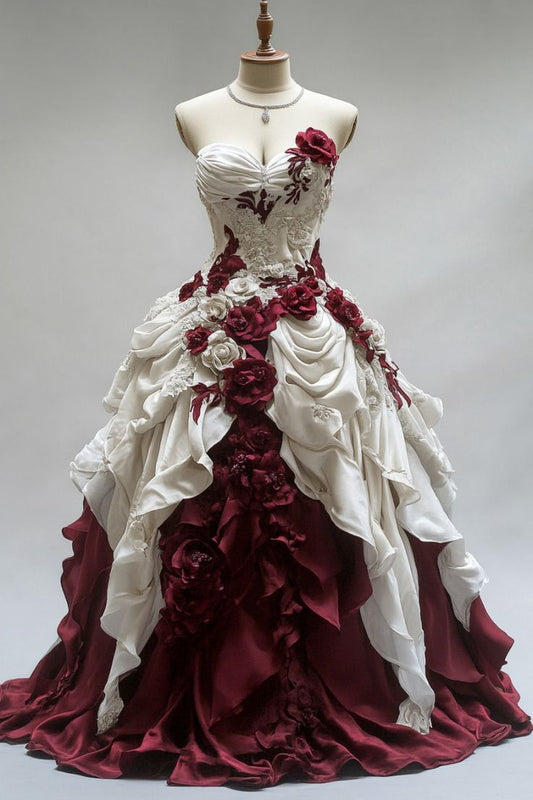 Wunderschönes, weißes, elegantes, rotes Vintage-Ballkleid mit Blumenapplikationen und langem Satin-Abendkleid, Hochzeitskleid NV3449