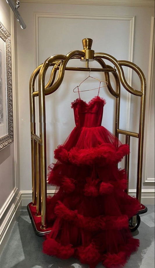 Robe de soirée longue rouge sexy en tulle à bretelles nv2236