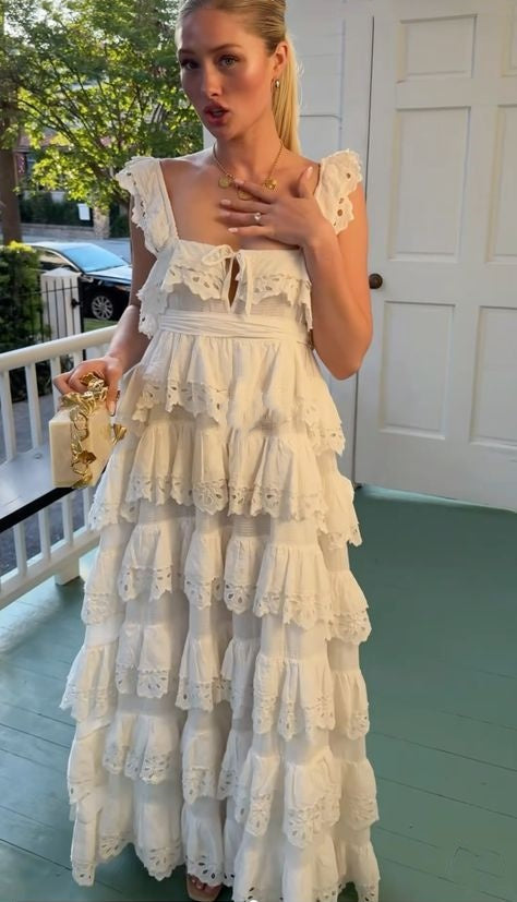 Robe de soirée longue en tulle à volants en dentelle blanche exquise et élégante nv3362