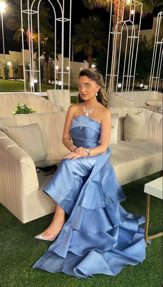 Blue fashion elegant tube top off shoulder trail irregular ruffle fishtail long ball gown evening dress party dress nv2543