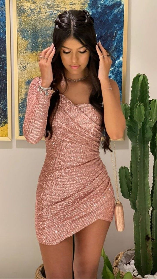 Champagne pink one shoulder fashion simple sequin short mini homecoming dress party dress evening dress nv2419