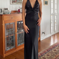 Black V-neck open back simple satin long evening gown ball gown nv2050