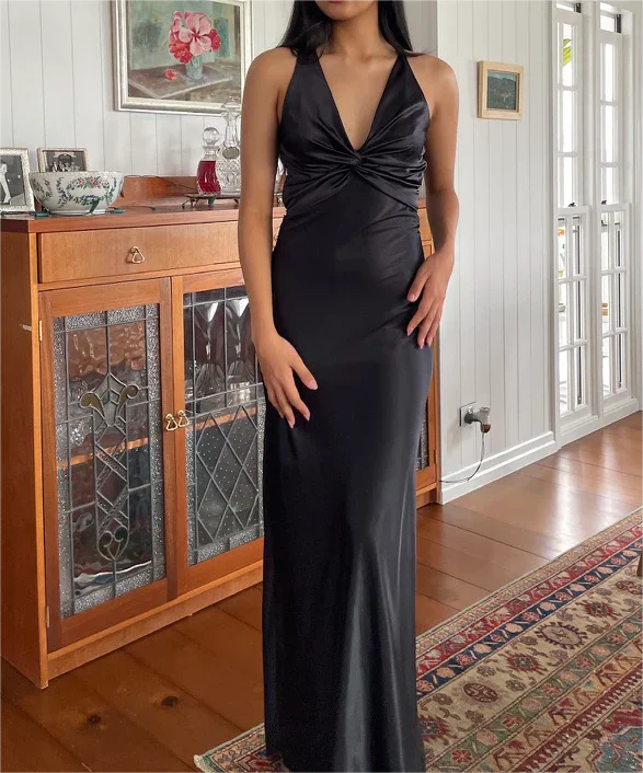 Black V-neck open back simple satin long evening gown ball gown nv2050