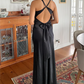 Black V-neck open back simple satin long evening gown ball gown nv2050