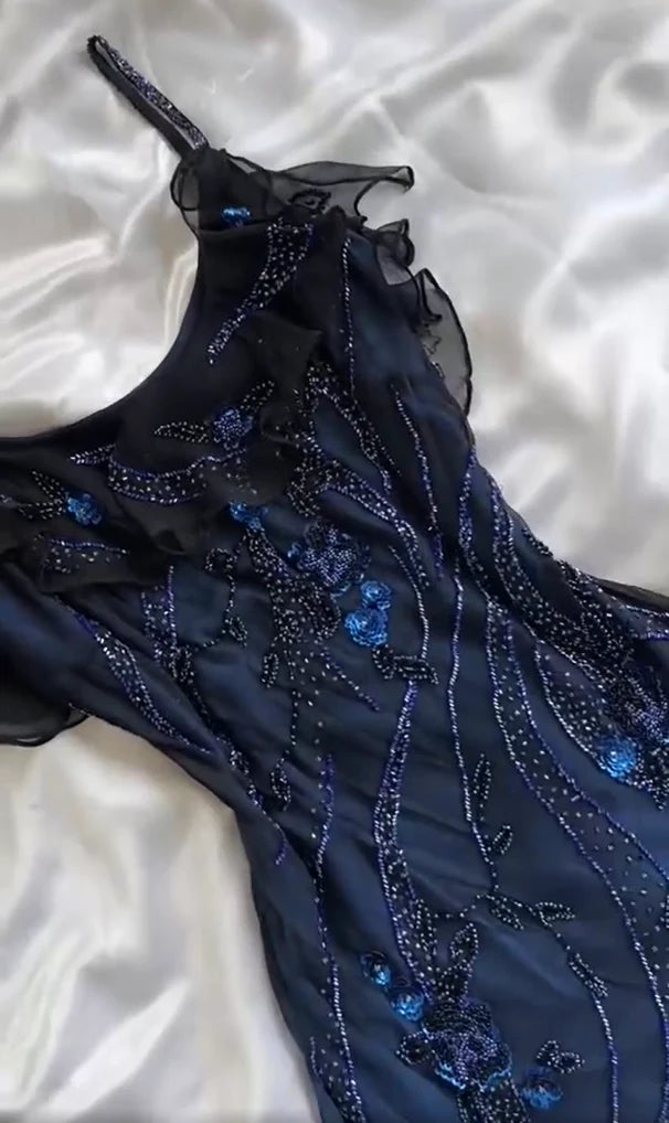 Robe de soirée longue en tulle bleu marine vintage élégante et exquise avec perles et charmante robe de bal nv3265