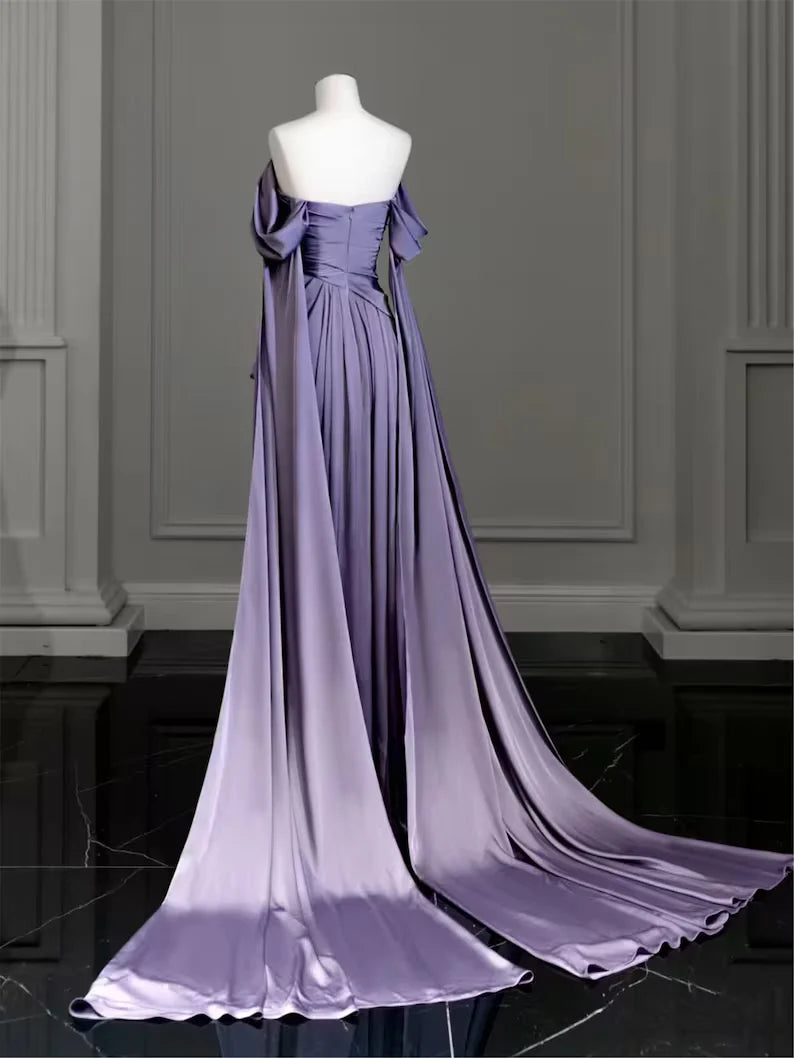 Elegant A Line Purple Satin Long Prom Dresses Formal Party Gown nv1644