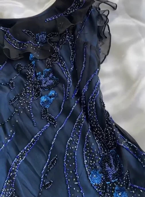 Robe de soirée longue en tulle bleu marine vintage élégante et exquise avec perles et charmante robe de bal nv3265