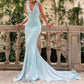 Light blue simple and elegant flowing V-neck low-cut long ribbons galore dress to impress ball dress evening dress Wedding dresses for guests party dress nv2576