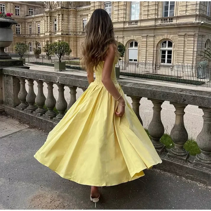 Yellow fashion simple sexy and charming tight A-line sleeveless off-shoulder long strapless corset dress prom dress evening dress party dress wedding guest party dress elegant formal dress nv2537