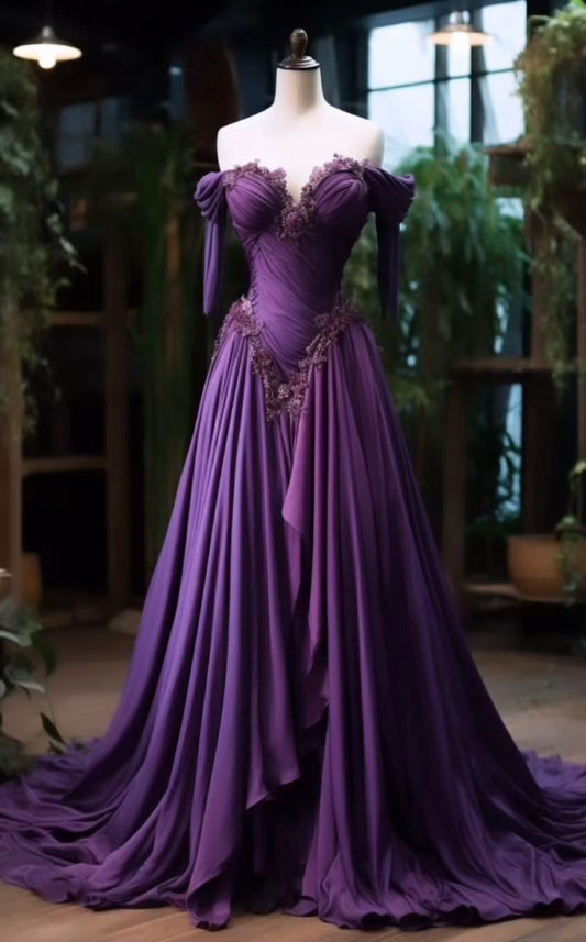 Wunderschönes, elegantes, langärmliges Ballkleid aus Tüll mit Blumenapplikationen in Lila, nv3397