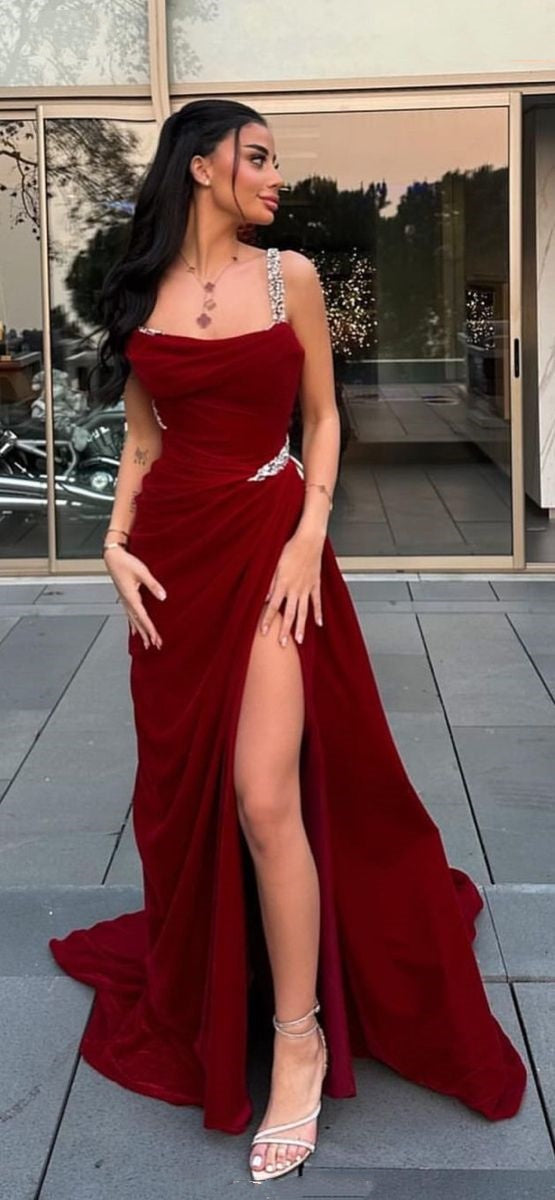 Red Elegant Spaghetti Straps Sequin Mermaid Side Slits Satin Long Bridesmaid Dresses with Train Ball Gown Evening Gown Party Dress nv2416