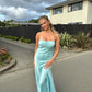 Blue simple elegant spaghetti straps long side slits slim fit ball gown evening dress party dress nv1640