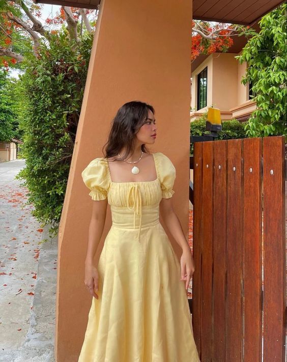 Cute Puff Sleeves Yellow Prom Dress Slit Party Dress Evening Dress nv1710