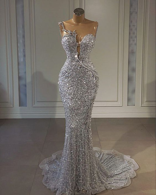 Silver Sequin Floor Length Mermaid Long Sleeveless Ball Gown Party Dress Evening Gown nv2067