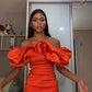 Orange Off Shoulder Pleated Smooth Satin Short Homecoming Dress Bodycon Prom Dress Party Dress nv2068