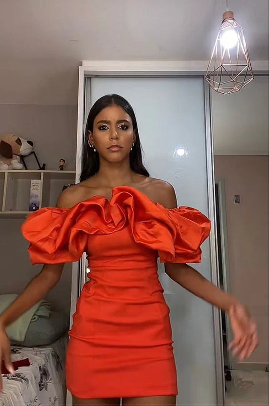 Orange Off Shoulder Pleated Smooth Satin Short Homecoming Dress Bodycon Prom Dress Party Dress nv2068