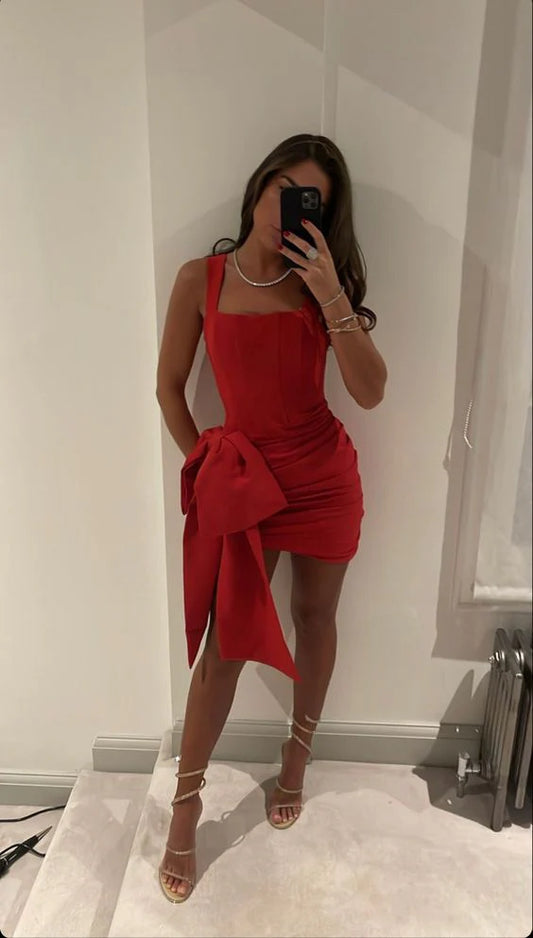 Red simple elegant bow homecoming dress short mini party dress evening dress birthday dress nv2398