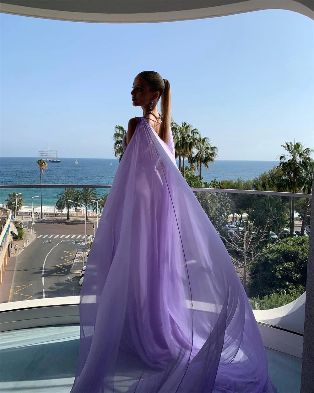 Robe de soirée longue en mousseline de soie simple et élégante à col en V lilas nv2330