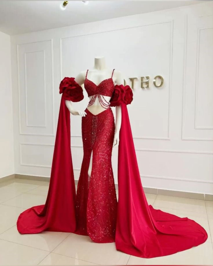 Robe de soirée deux pièces à paillettes brillantes rouges, bretelles spaghetti, longue fente, coupe ajustée, robe de bal, robe de soirée nv3254