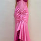 Pink Vintage Fashion Exquisite Beading Spaghetti Strap Long Satin Ruffle Ball Gown Evening Dress Party Dress nv3556