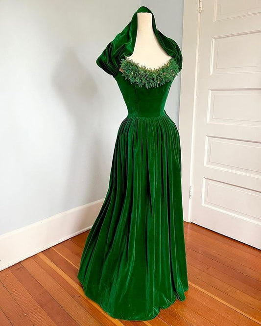 Emerald Green Vintage Elegant Long Velvet Ball Gown Evening Dress nv3381