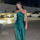 Green Strapless Simple Elegant Off-the-shoulder Satin Long Prom Dress Evening Gown Party Dress with Sequined Cape nv2519