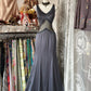 Gray Vintage Elegant Fashion V-neck Exquisite Beading Long Satin Ball Gown Evening Dress Party Dress nv3563