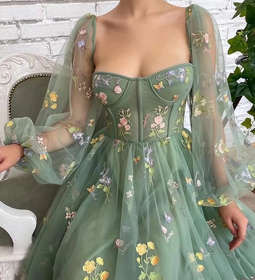 Green elegant applique floral midi tulle ball gown evening dress nv76