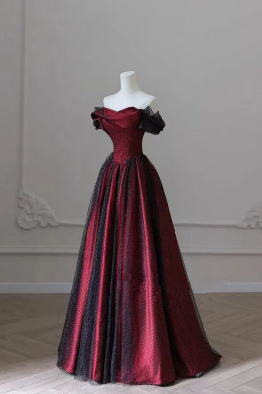 Burgundy Simple Satin Mermaid Long Black Tulle Ball Gown Evening Dress banquet outfit nv2989