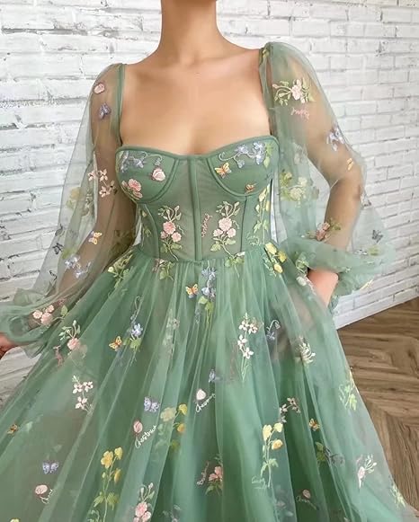 Green elegant applique floral midi tulle ball gown evening dress nv76