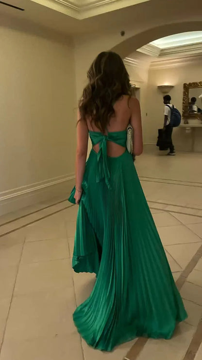 Green Long Pleated Tie Back Evening Dress nv1714