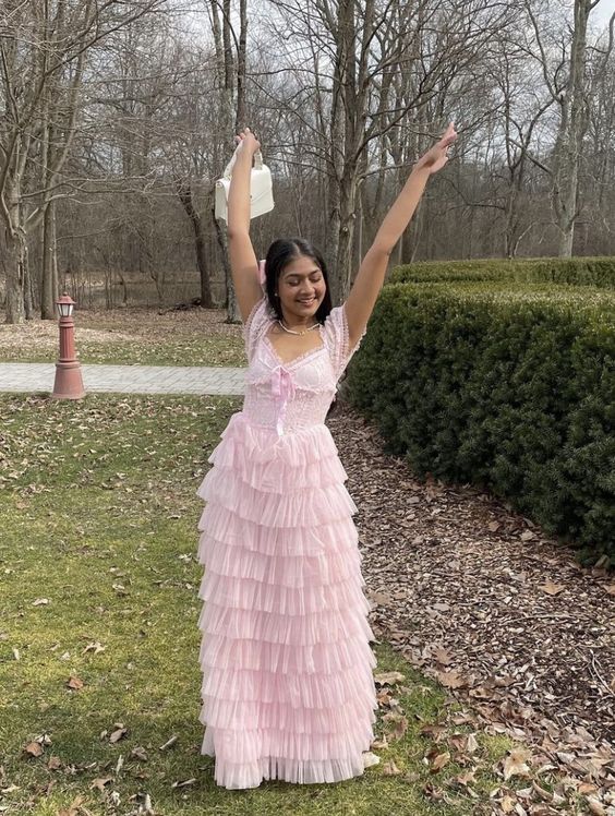 Rosa süßes und elegantes A-Linien-Kleid mit mehreren Lagen, Rüschen, langem Tüll-Prinzessinnenkleid, Ballkleid, Abschlusskleid, NV3283