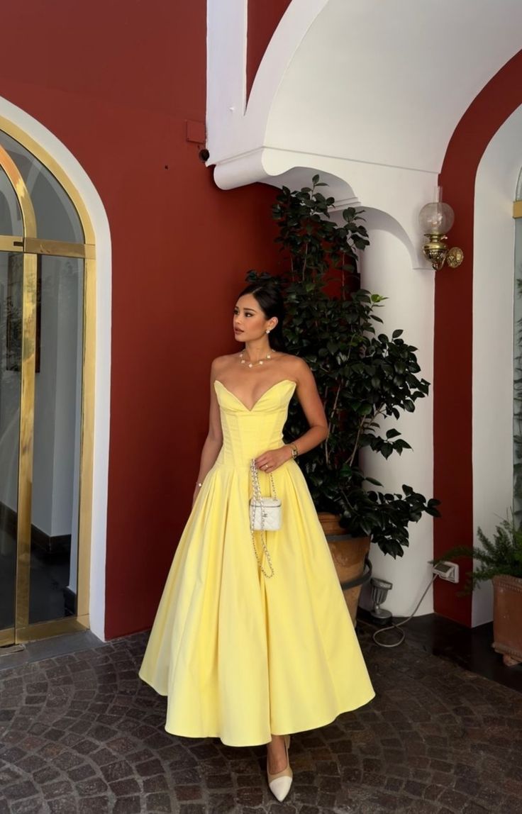 Yellow fashion simple sexy and charming tight A-line sleeveless off-shoulder long strapless corset dress prom dress evening dress party dress wedding guest party dress elegant formal dress nv2537