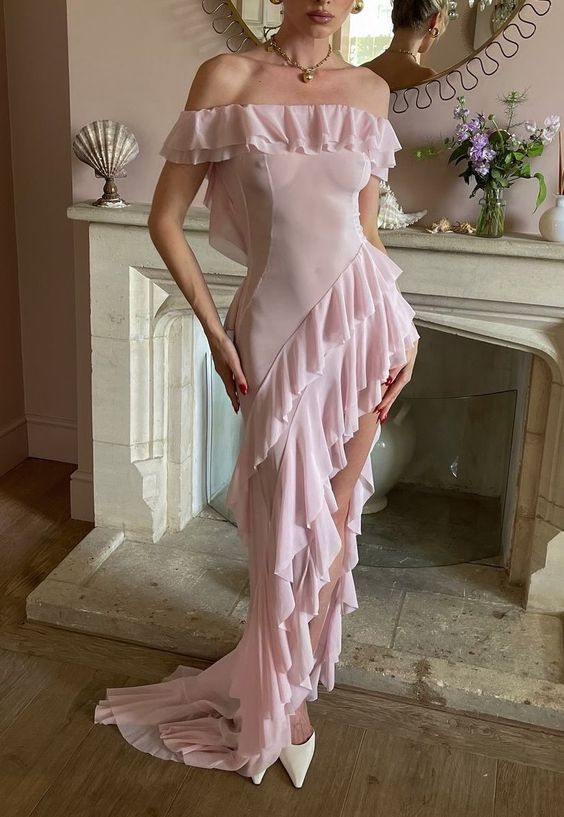 Pink Chiffon Ruffle Slit Beach Style Midi Evening Dress Ball Gown Party Dress nv1963