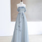 Gray Blue Elegant Beaded Long Tulle Ball Gown Evening Dress Holiday Party Dress nv3089