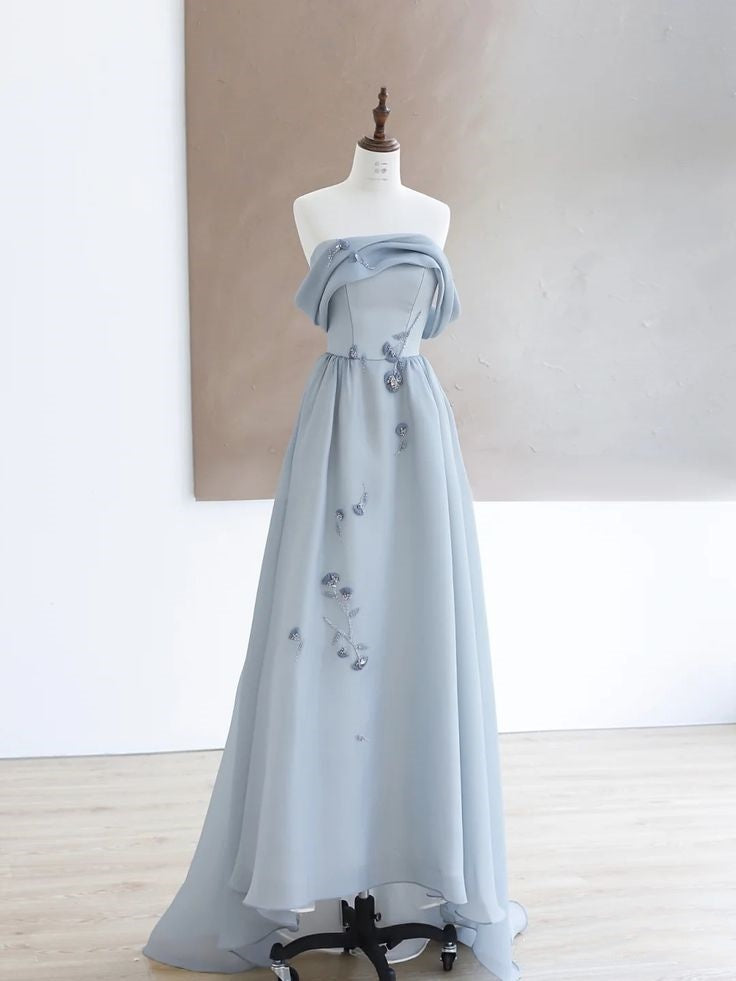 Gray Blue Elegant Beaded Long Tulle Ball Gown Evening Dress Holiday Party Dress nv3089