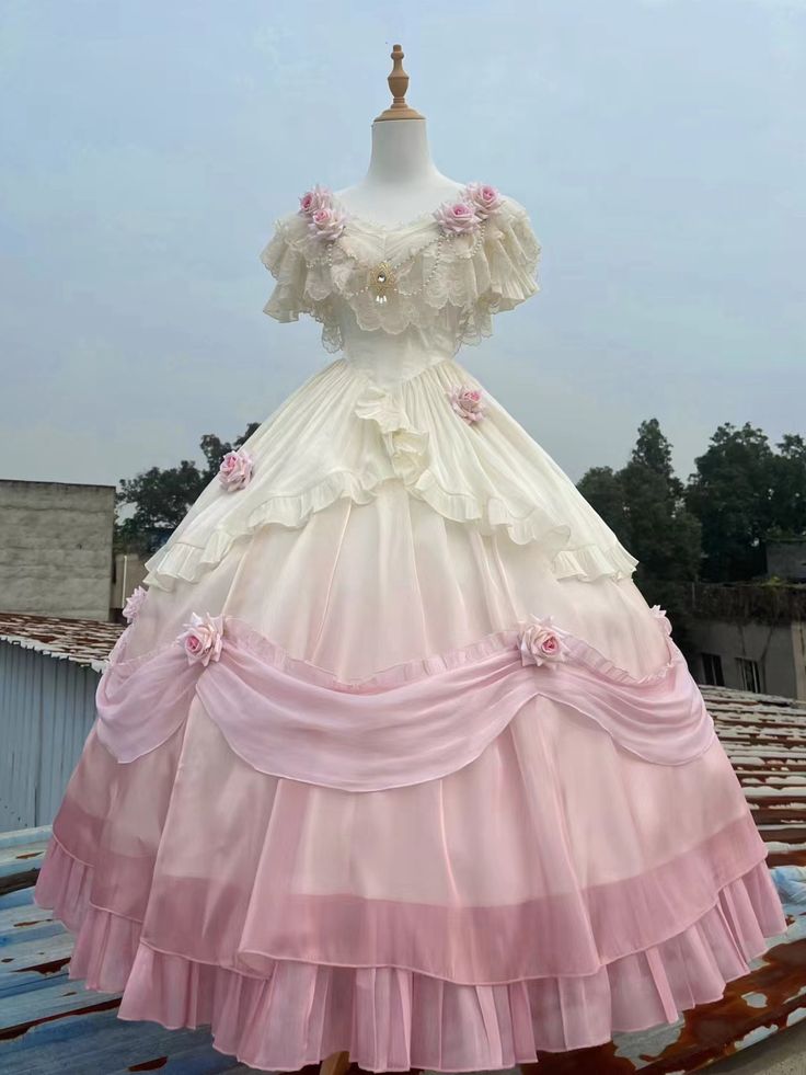 Robe de soirée longue en tulle rose/blanc avec appliques délicates et mignonnes nv3305