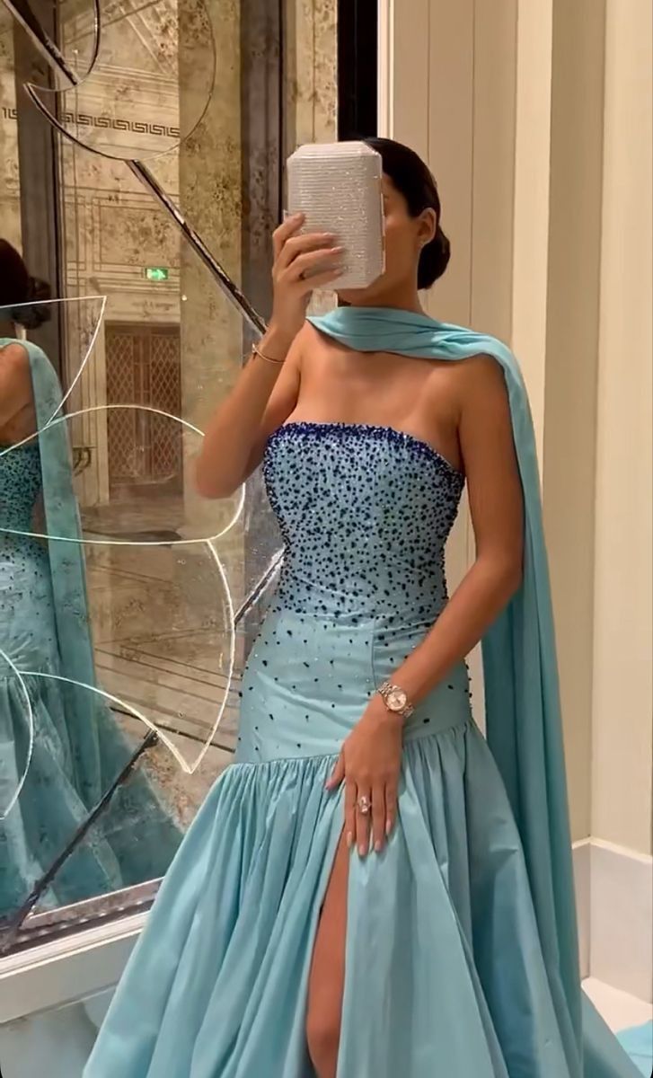 Robe de soirée longue fendue en strass, magnifique robe tube élégante et sexy, bleu, nv2405