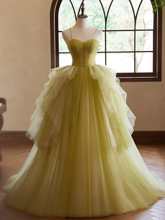 A-Line Sweetheart Neck Tulle Green Long Prom Dress, Green Long Formal Dress nv1871