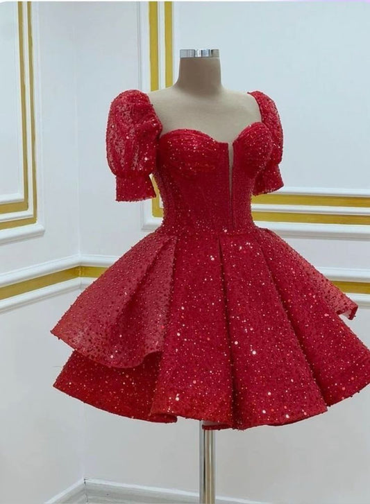 Red Fashion Shiny Short Sleeve Sequin Short Mini Homecoming Dress Party Dress nv3025